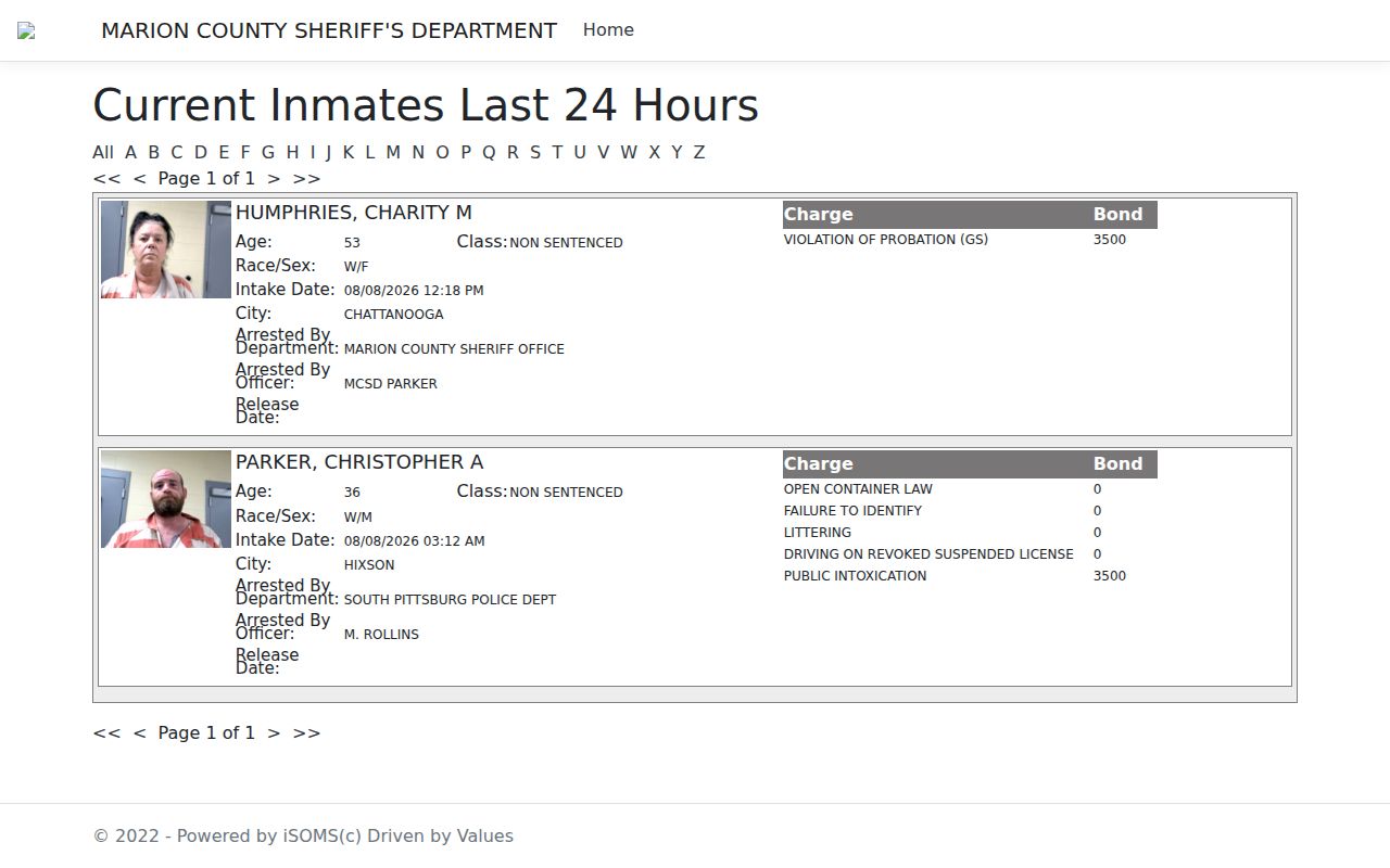 Marion County arrest history recent 24-hour jail intake view